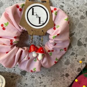 Pink Coquette Cherry Scrunchie with Red Mushroom Earrings Handmade Set